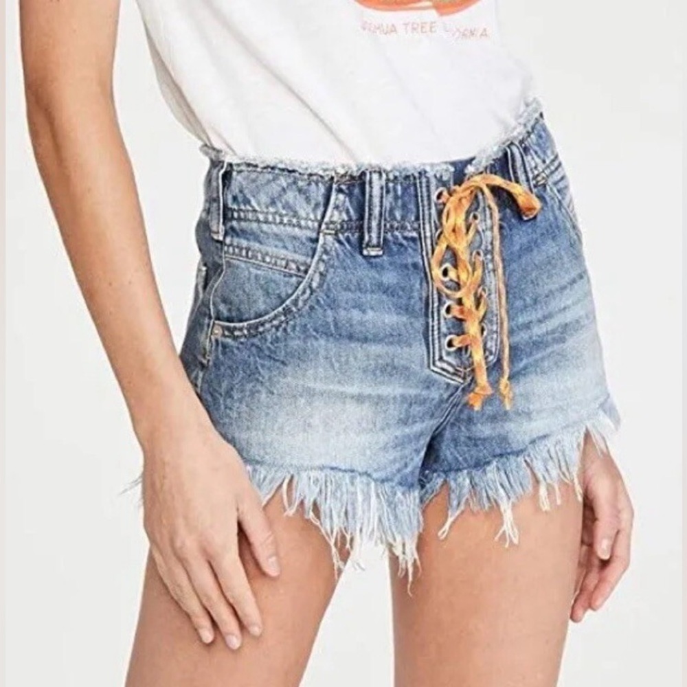 Free People Blue Lace-Up Jean Shorts